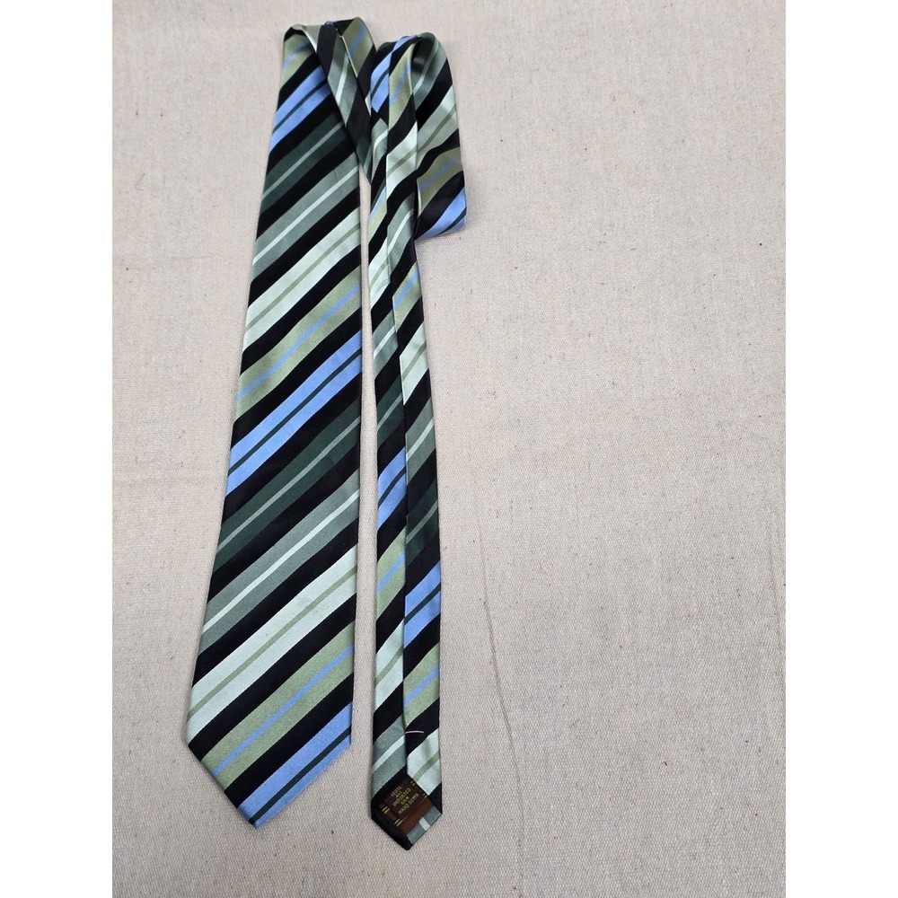 BCBG Attitude Mens Silk Necktie‎ Green Blue Black Diagonal Striped Hand Sewn